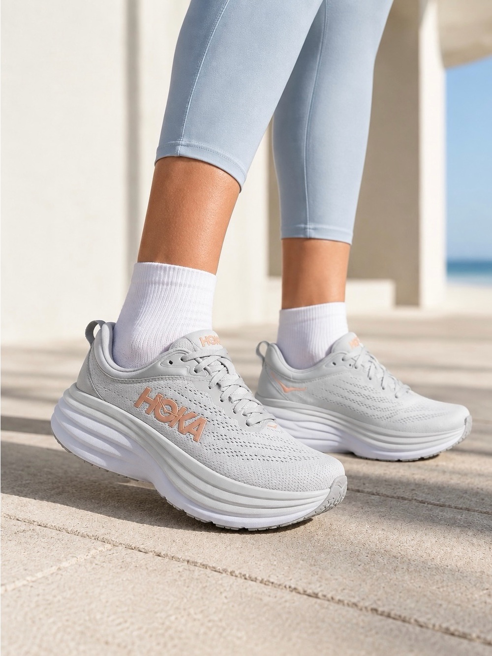 Hoka Bondi 8 Running Shoes Grey Peach Women’s Size 9